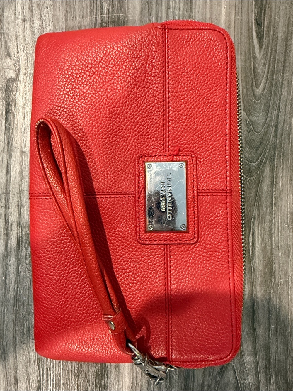 Tignanello Red Leather Wristlet Clutch with Logo Plate